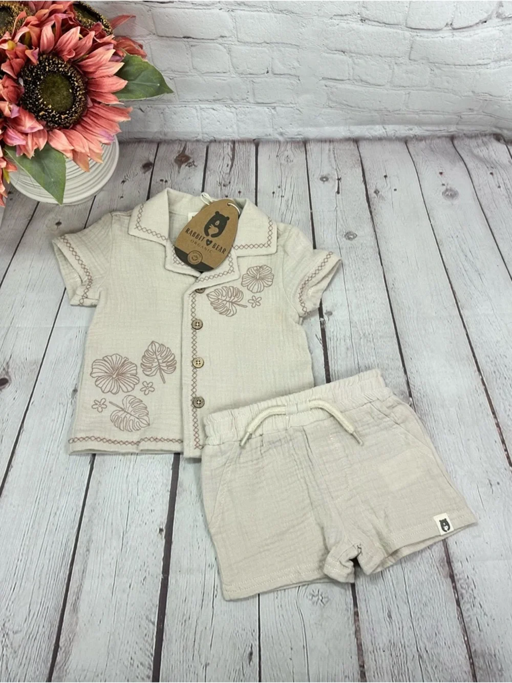 NWT rabbit + bear infant Shorts Set 2pc organic cotton beach tropical neutral